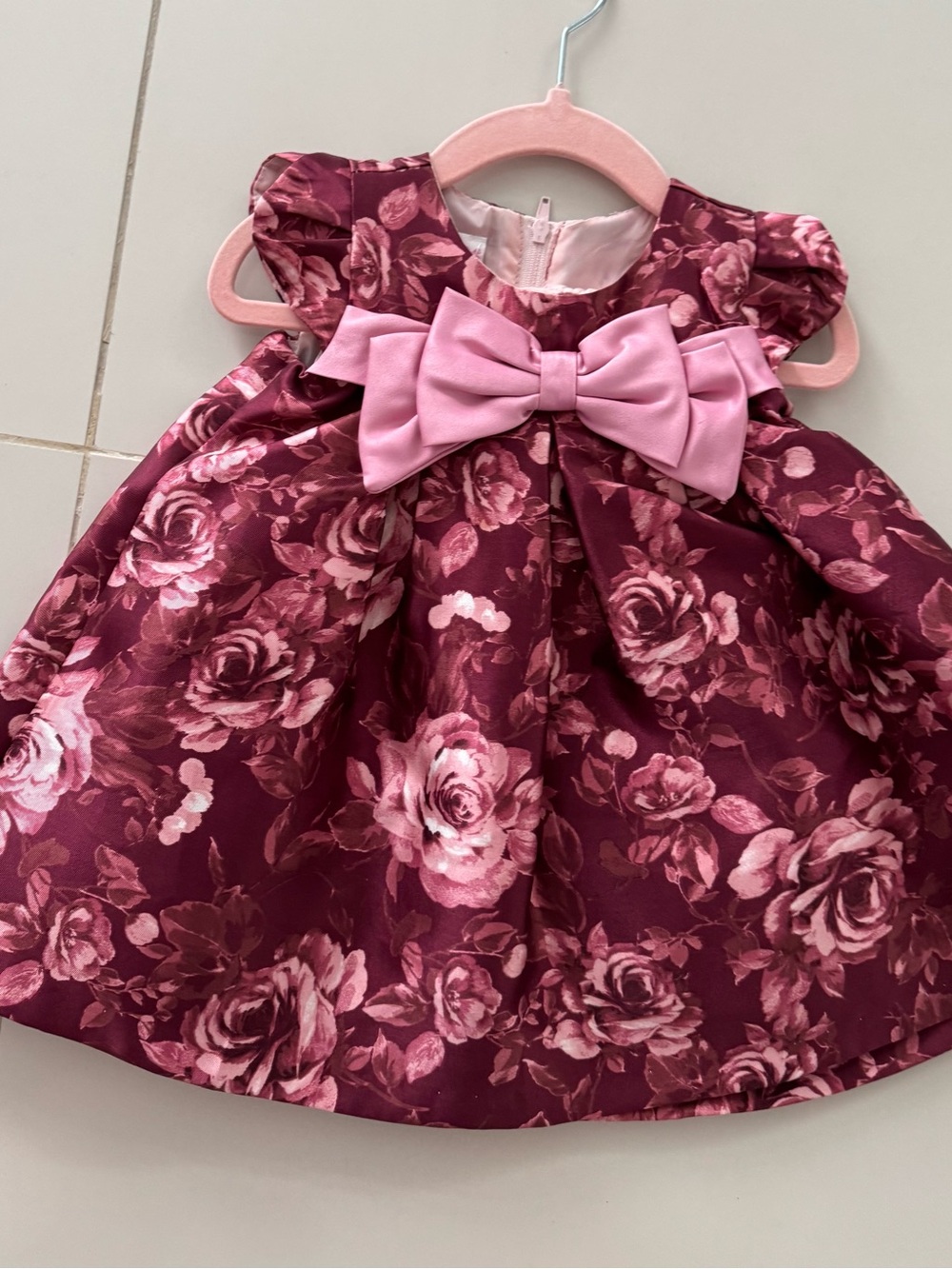 Bonnie Baby Burgundy and Pink Floral Bow Dress — NEVER USED